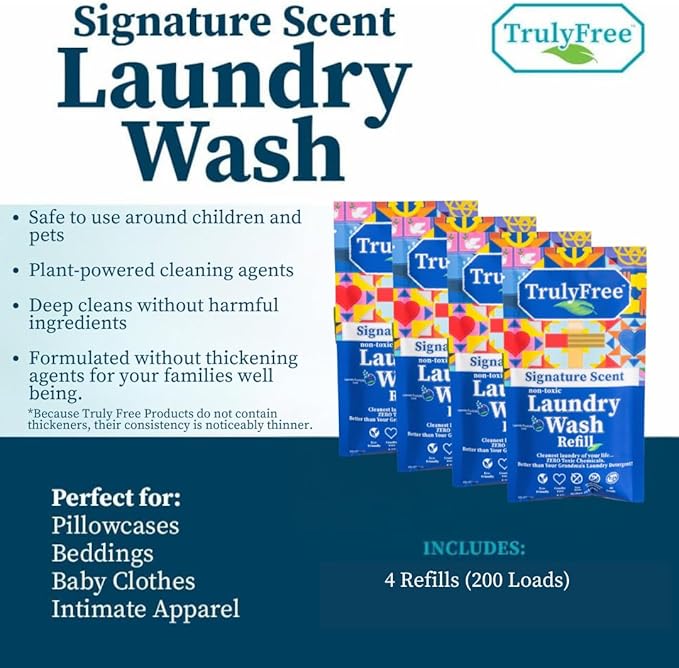 Natural Laundry Detergent for Sensitive Skin | Eco Friendly, Plant Based, Baby Clothes Safe | Clean & Easy Powder to Liquid, 4 Pack Refill Detergent, NO Jug | Signature Scent, 200 Loads
