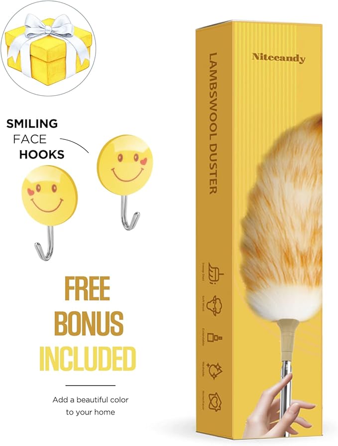 Extendable Lambswool Duster 30-100 Inch, Stainless Steel Long Handle Duster, Natural Feather Duster for Cleaning High Ceilings, Fans, Bookshelves, Interior, Cars, Brown