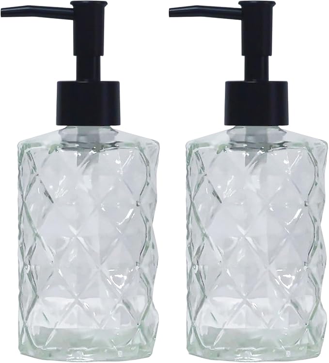 Crystal Clear Glass Soap Dispenser with Black Pump, 2 Pack 12oz Diamond Hand Dispenser, Refillable Lotion Dispenser & Dish Soap Dispenser, Bathroom Soap Dispenser for Liquid, Shower Gel