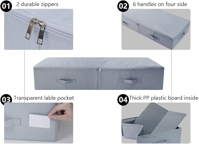 39.4"X 16.9"X 7", Jumbo Size 7" High Under Bed Storage Bins with 3-side Zip Open, Collapsible & Breathable for King Queen Size Beds Containers for Shoes, Bedding, Light Gray