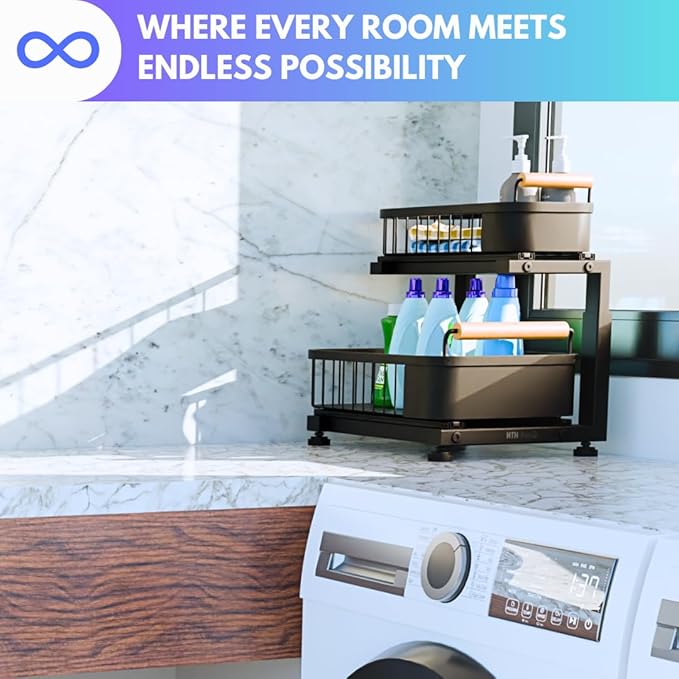 Premium Heavy Duty Carbon Steel Under Sink Organizer, 2 Tier Pull Out Cabinet Organizer, 7 Adjustable Heights with Smooth Ball Bearing Sliding Baskets for Bathroom & Kitchen