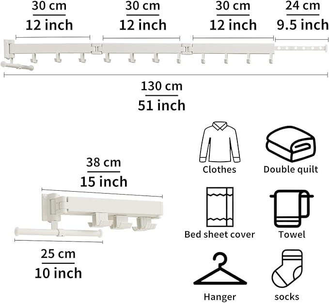 JOOM Clothes Drying Rack Wall Mounted,Folding Clothes Drying Rack,Retractable,Collapsible(Tri-Fold,Upgrade Hook),Wall Mounted Drying Rack for Laundry Balcony Bathroom (White)