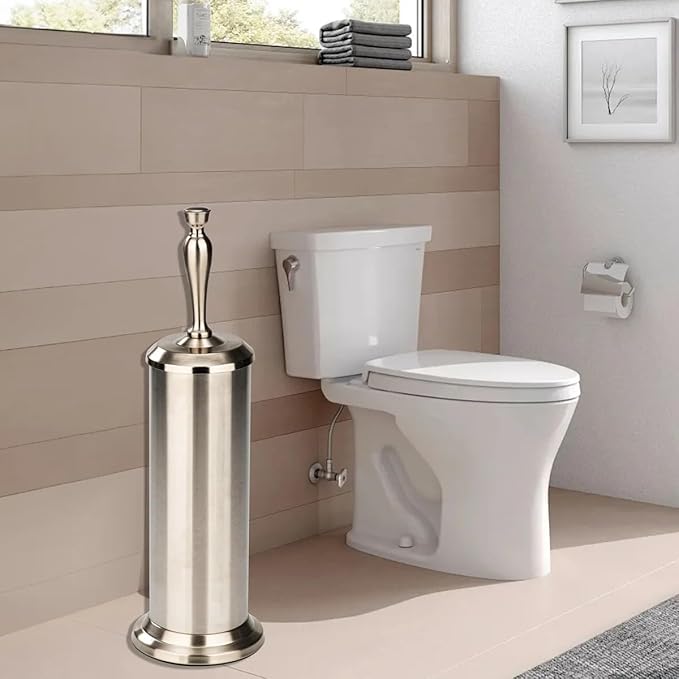 J&V TEXTILES Toilet Brush, Toilet Bowl Brush with Extra Long Handle Durable Bristles Toilet Scrubber and Covered Holder for Toilet Brush Set for Bathroom Cleaning (Brushed Satin Nickel)