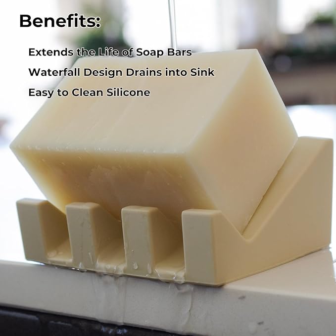 Silicone Soap Dish – 2 Pack, Waterfall Drainer Soap Holder for Bathroom, Suction Cups for Non-Slip Saver for Bar Soap, Sponge Holder & Sink Organizer, Extend Life, Durable & Easy to Clean (Sand)