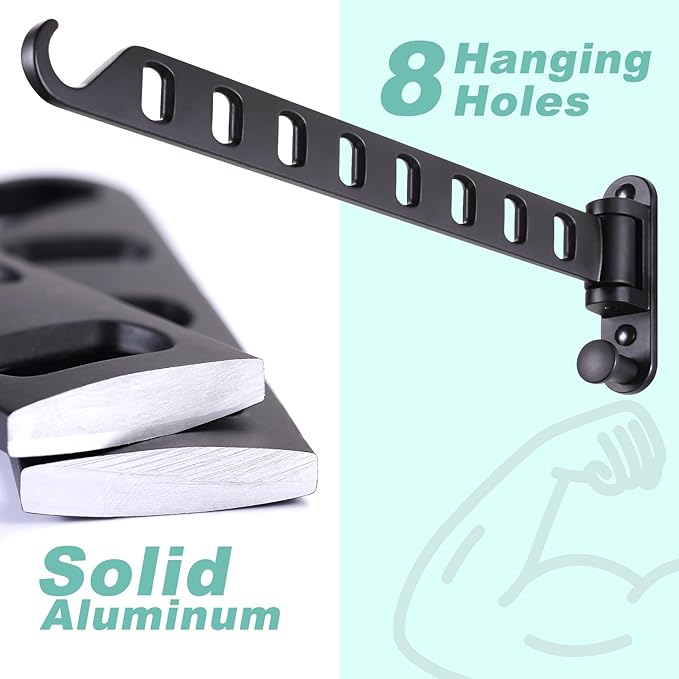 Laundry Drying Rack - Wall Mounted Clothes Hanger with Swing Arm, 8-Hole Hanging Bar & Swing Away Coat Hanger Holder, Foldable Space Saving, 180° Rotation (2-Pack, Black)