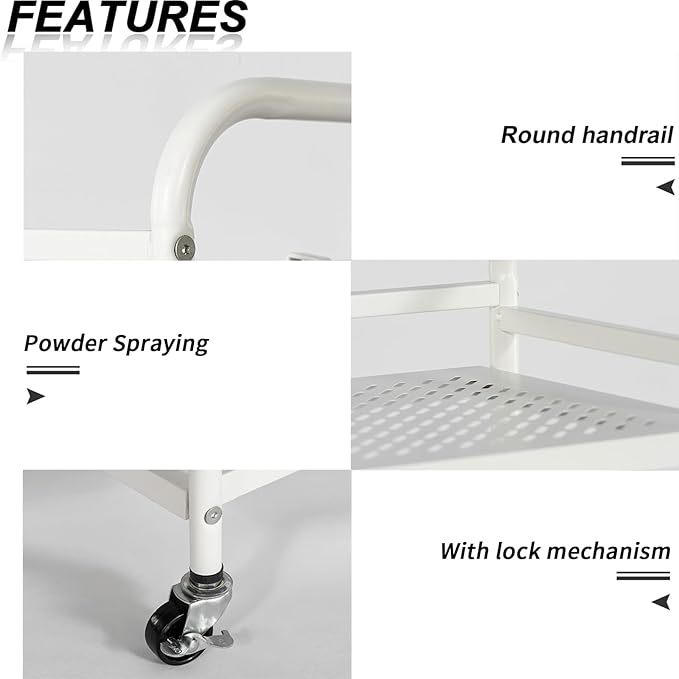 HDANI 3 Tier Metal Rolling Heavy Cart Supports 40 Lbs Per Tier,Rolling Cart with 2 Lockable Wheels for Office,Home,Bedroom,Kitchen,Bathroom(White)…