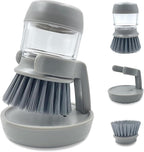 Soap Dispenser Palm Dish Brush with Storage Bracket – Drainage Base, Easy-to-Clean Kitchen Utensil Cleaner | Includes Extra Soft Bristle Brush Head (Gray)