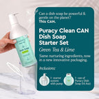 Puracy Natural Dish Soap Clean Can Starter Set - Plant-Based Dishwashing Soap, Non-Toxic Dish Soap, Natural Liquid Dishwashing Detergent Soap As Seen on TikTok (Green Tea & Lime, 14.4 fl oz)