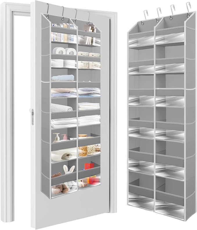 HOMELUX THEORY UPGRADED Over The Door Organizer Hanging - 100D EXTRA THICK & 50lbs HUGE CAPACITY 6 Large Front & 12 Side Pockets, Over The Door Shoe Organizer, Hanging Closet Organizer (Light Gray XL)