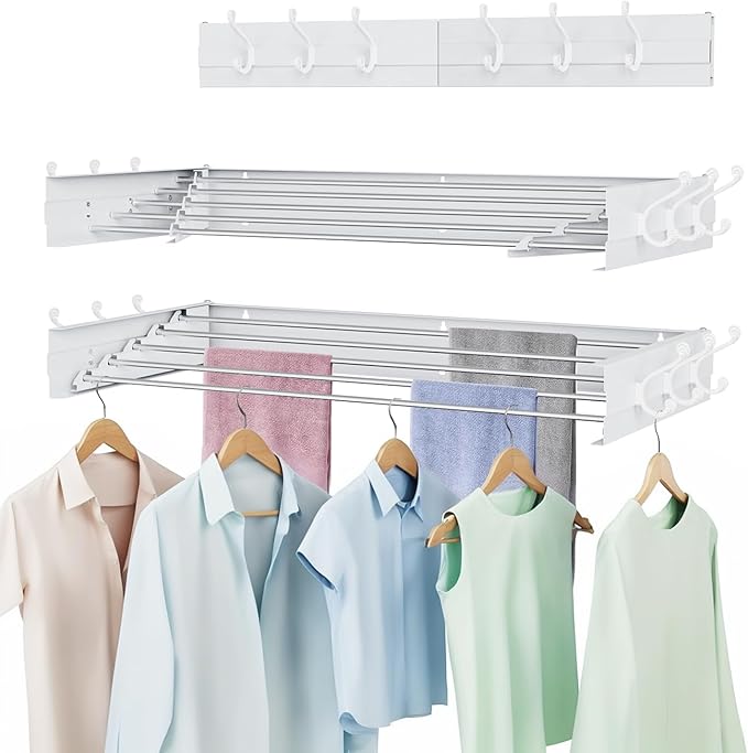 Laundry Drying Rack, Collapsible Wall Mounted Clothes Drying Rack - Foldable,Space Saving, 13.2 Linear Ft, 5 Aluminum Rods, 60 lb Capacity (White, 31.5" Wide)
