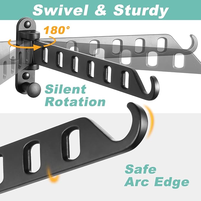 Laundry Drying Rack - Wall Mounted Clothes Hanger with Swing Arm, 8-Hole Hanging Bar & Swing Away Coat Hanger Holder, Foldable Space Saving, 180° Rotation (2-Pack, Black)