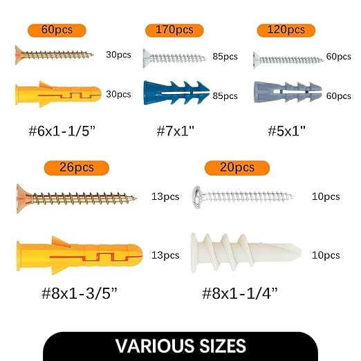 396 Pcs Drywall Anchors and Screws Kit, Dry Wall Anchors and Screws Kit, Dry Wall Screw Anchor Set, Plastic Anchor and Phillips Flat Head Screw for Concrete Brick Frame Canvas Picture Hanging Set