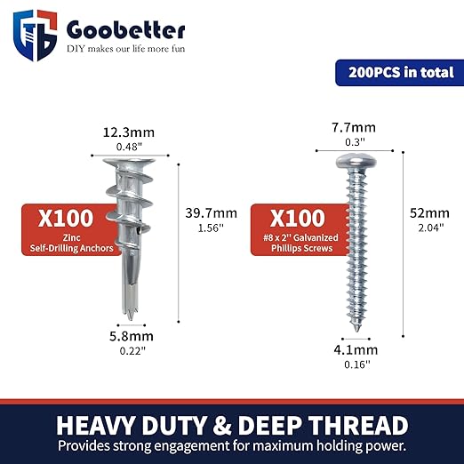 Drywall Anchors and Screws Kit, 200 Pcs Self Drilling Drywall Anchors, 100 Pcs Zinc Sheetrock Anchors and 100 Pcs #8 x 2 Metal Screws, Heavy Duty Wall Anchors, 75 Lbs Hanging Mounting