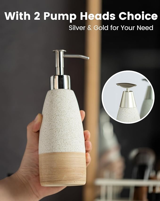 12 oz Dish Soap Dispenser with Plastic Pump & Stainless Steel Pump for Hand Soap, Shampoo, Lotion, Conditioner, Ceramic Refillable Soap Bottle with Silicone Funnel for Bathroom & Kitchen, White