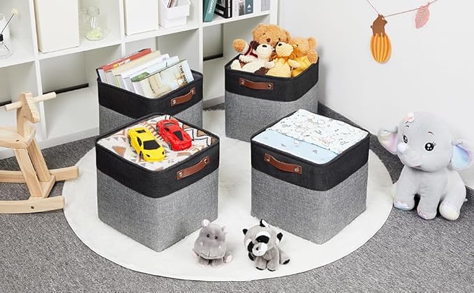 HNZIGE Fabric Cube Storage Baskets Bins Cube Baskets 11x11, Set of 4, Foldable Storage Cube Bin Baskets for Shelves with Handles, Bins for Cube Organizer Home Toy Nursery Closet Bedroom(Black White)