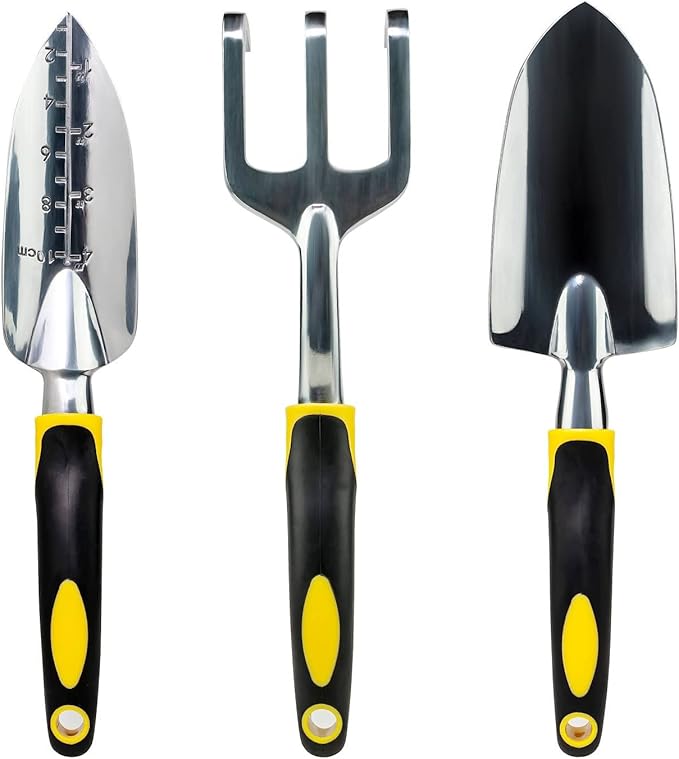 ⭐️ Gardenera 3PC Garden Tool Set with Soft Rubberized Non-Slip Handles - Hand Trowel, Transplant Trowel, Hand Rake in Polished Aluminum - Ideal for All Gardening Needs and The for Gardeners 🎁