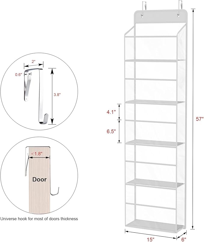 Univivi Over The Door Organizer Behind The Door Storage, Baby Door Storage with 5 Clear Plastic Pockets & 2 Big Metal Hooks for Cosmetics, Bathroom, Nursery and Sundries