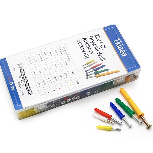 Drywall Anchors and Screws Kit 220Pcs, 110 Plastic Anchors, 110 Wall Screws, Includes 6 Different Size Wall Anchors and Screws for Drywall