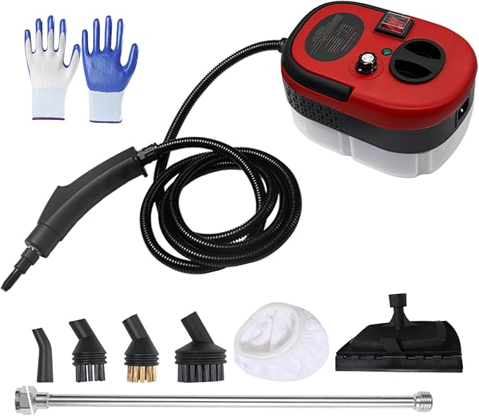 Upgrade Steam Cleaner 1200ML 2500W High Temperature Pressure Handheld Steam Cleaning Machine with Brush Heads and Gloves 7 in 1 for Car Floor Kitchen Bathroom Window Furniture (Red)