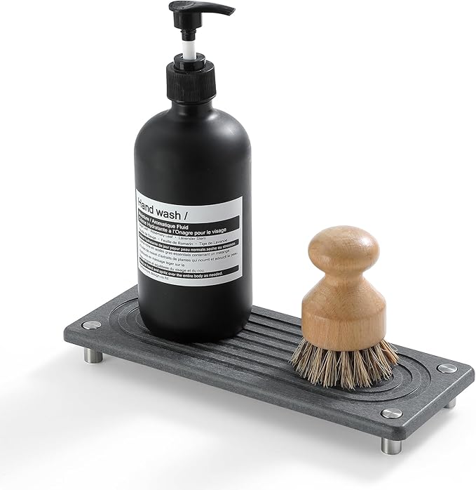 Water Absorbing Stone Sink Caddy Kitchen Sink Organizer Tray, Diatomite Bathroom Counter Tray, Faucet Drying Mat Coaster Soap Dish Rack Riser Dispenser Sponge Holder, Charcoal 10" x 4"
