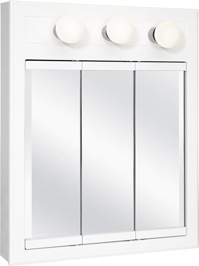 Design House Concord Medicine Cabinet, 3 Mirrored Doors, Pre-Assembled, 2 Fixed Shelves, Wall Mount, 3 Vanity Lights, White Frame Wall Cabinet, 24 in W x 5 in D x 30 in H, 532374-WHT