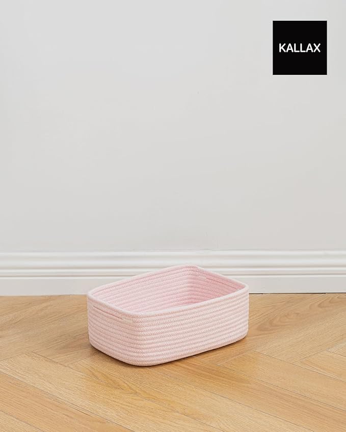 Small Woven Basket, 12 x 8 x 4.5 Inches, Storage Basket for Organizing, Cute Small Rope Shelf Closet Cube Storage Bins Baskets for Shelves, Dog Toy Gift Baskets Empty, 3 Pack Light Pink