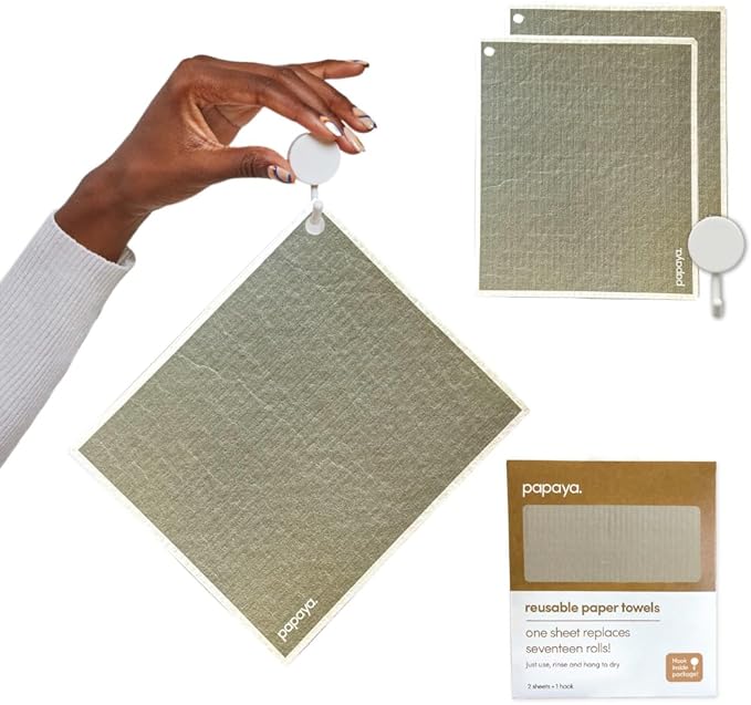 Papaya Reusable Paper Towels 2-Pack - 2 Sheets + 1 Hooks, Quick Drying, No Odor, 1 Sheet Replaces 17 Rolls, Washable Kitchen Cloth, Sustainable Dish Sponge, Eco Friendly Gift