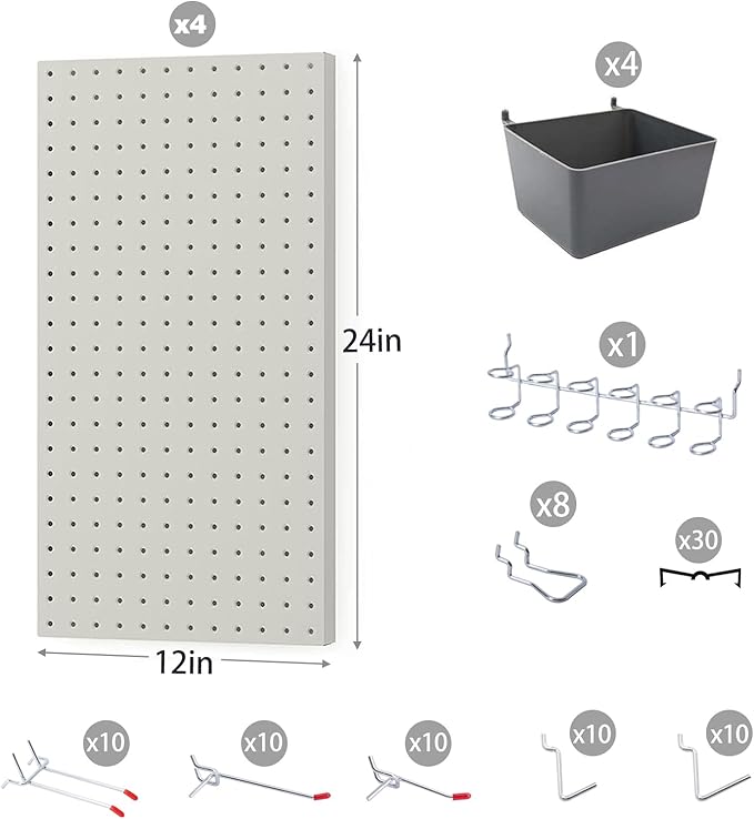 48x24 inch Gray Metal Pegboard Kit for Wall Organization with Hooks, Pegboard Bins, and Utility Tools Storage Board, Efficient Tool Organizer Peg Board