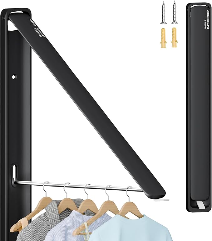 Clothes Drying Rack for Laundry Drying Rack Wall Mounted Clothes Hanger Rack Retractable Laundry Hanger Dryer Rack Space Saving Closet Organizer Aluminium (Black)