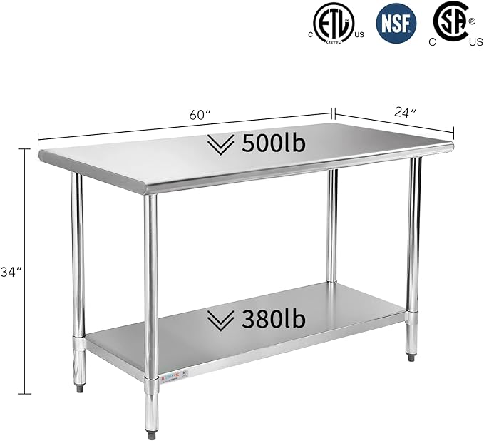 STABLEINK NSF Stainless Steel Table 24 x 60 Inches 5ft, Metal Prep & Work Tables with Adjustable Undershelf, for Commercial Kitchen, Restaurant, Hotel and Garage