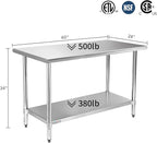 STABLEINK NSF Stainless Steel Table 24 x 60 Inches 5ft, Metal Prep & Work Tables with Adjustable Undershelf, for Commercial Kitchen, Restaurant, Hotel and Garage
