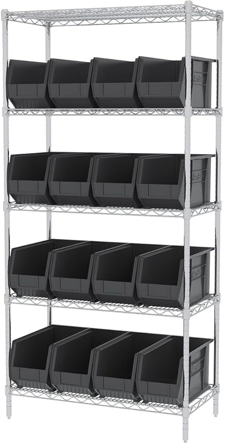 Akro-Mils 30265 AkroBins Plastic Storage Bins, Space-Saving Stackable Bins for Garage, Pantry, Craft Organization, 18-" x 8.25-" x 9-", Black, 6-Pack