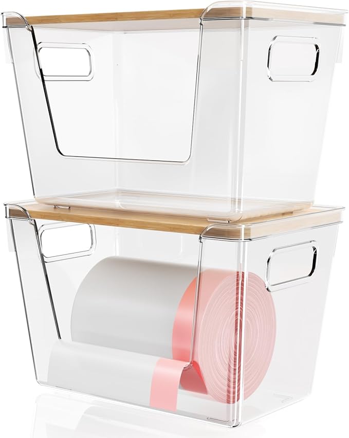 2 Set Stackable Storage with Bamboo Top for Laundry Room Organization, Extra Large Trash Bag/Garbage Bag Dispenser, Under Sink Organizer, Pantry Organizers