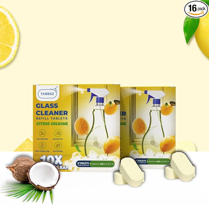 Glass Cleaner Refill Tablets | Plant-Based Streak-Free Window & Mirror Cleaner | Non-Toxic & Eco-Friendly Cleaning Solution | Plastic-Free Packaging | Citrus Cologne - Pack of 16