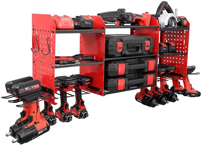 3 layers power tool organizer Loads 150lbs with 10 Cordless Drill Holder and 8 Outlet Power Strip,it’s good choice for husband birthday gift,red