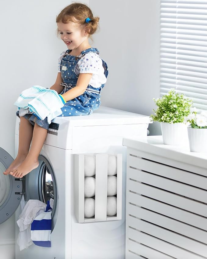 Magnetic Dryer Ball Holder - Iron Wool Dryer Balls Dispenser - laundry reusable magnetic organizer, Laundry Dryer Sheet Holder, Magnetic Laundry Balls for Dryer Basket Holder, White (No Balls)