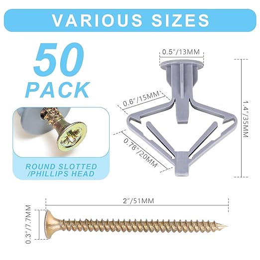 Hollow-Wall Anchors, One Size, 65Lbs Anchors 25pcs+Screw 25pcs Drywall Anchor kit with Screws, Self-Drilling Hollow Wall Anchors, Grey