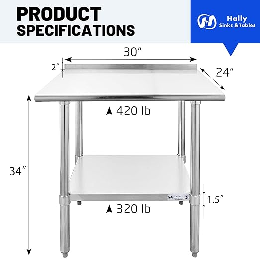 Hally Stainless Steel Table for Prep & Work 24 x 30 Inches, NSF Commercial Heavy Duty Table with Undershelf and Backsplash for Restaurant, Home and Hotel
