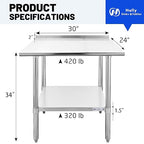 Hally Stainless Steel Table for Prep & Work 24 x 30 Inches, NSF Commercial Heavy Duty Table with Undershelf and Backsplash for Restaurant, Home and Hotel