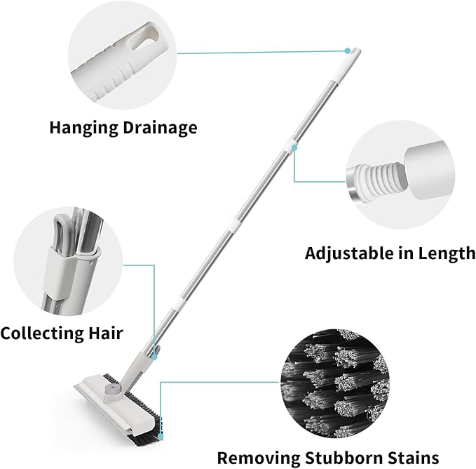 AIR U+ Floor Scrub Brush with Long Handle, 3 in 1 Scrape and Heavy-Duty Stiff Bristle Scrubber Brush for Cleaning Shower Bathroom, Patio, Garage, Kitchen, Wall and Deck