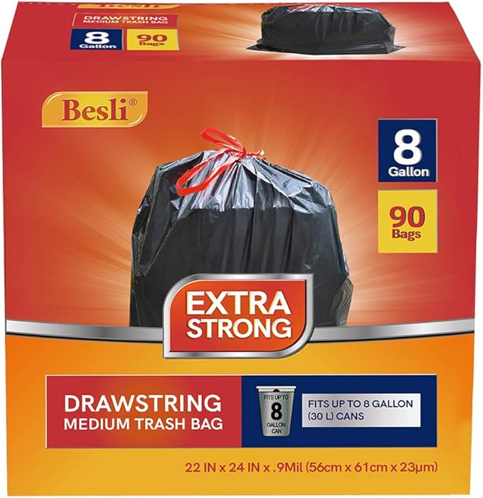 Besli 8 Gallon Black Drawstring Trash Bag Garbage Bag Trash Can Liner,0.9 Mil,90 Counts