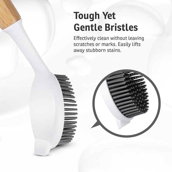 Bamboo Dish Brush with Handle – Wooden Scrub Brush for Cast Iron, Sink, Pots & Dishes – Kitchen Dish Washing Brush with Nylon Bristles – Durable Dish Scrubber for Cleaning