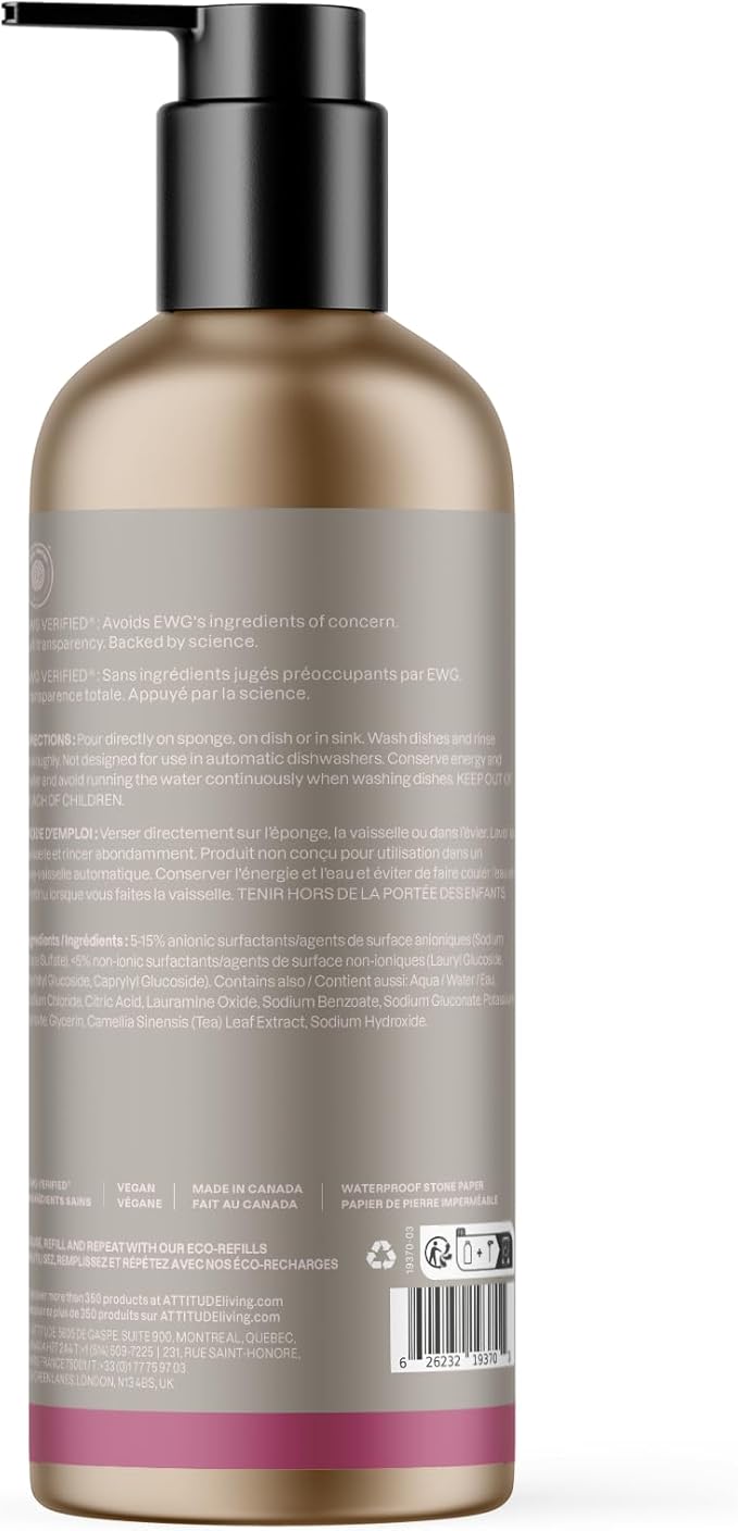 ATTITUDE Baby Dish Soap and Bottle Cleaner, EWG Verified Dishwashing Liquid, No Added Dyes or Fragrances, Tough on Milk Residue and Grease, Vegan, Refillable Aluminum Bottle, Unscented, 16 Fl Oz