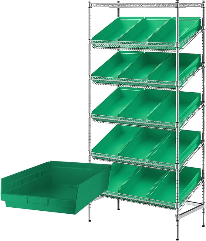18" x 36" x 74" Garage Tool Storage Rack with 15 Plastic Bins - Heavy-Duty Commercial Metal Wire Utility Shelf, Green