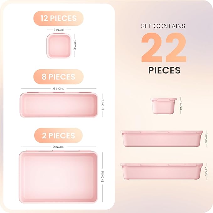 【𝟮𝟮𝗣𝗖𝗦】A-LUGEI Plastic Pink Desk Drawer Organizer, Bathroom Organizers and Storage, Makeup Organizer, Organization and Storage Bin Container for Vanity Office Utensils Gadget Tool Pantry Cosmetic