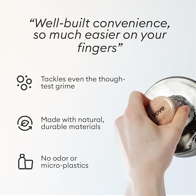 Vove Magnetic Scourer, Stainless Steel Scrubber with FSC-Certified Bamboo Handle, 3 Replacement Pads, Neodymium Magnet, for Cast Iron, Pots & Pans, Griddles, Grills, Plastic-Free Eco-Friendly Cleaner