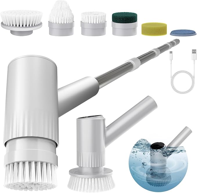 AIRROBO Electric Spin Scrubber, Cordless Electric Scrubber for Cleaning, 300 Mins Runtime, 6 Brush Heads, 47" Adjustable Handle, IPX7 Waterproof for Bathroom, Kitchen, Floors, Tiles, Car Cleaning
