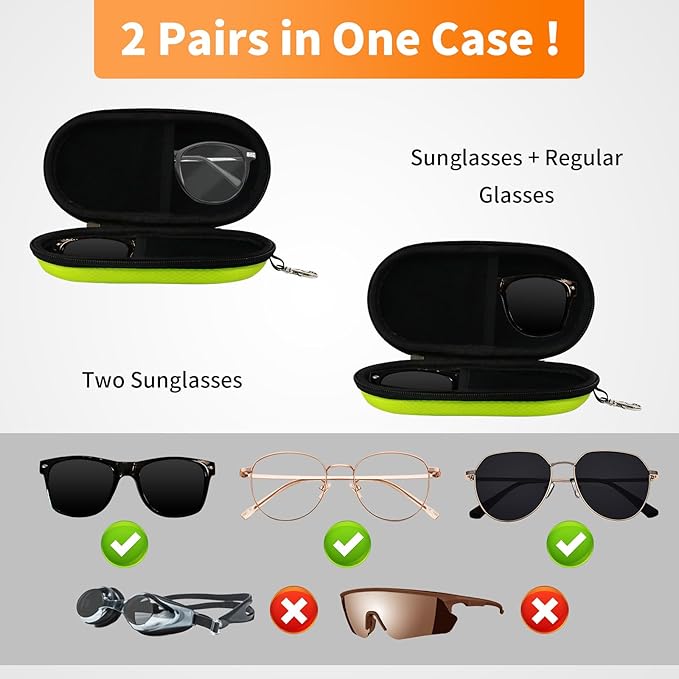 Double Eyeglasses Case, Hard Shell Dual Sunglasses Organizer with Zipper Clip Travel Glasses Storage for Women Men