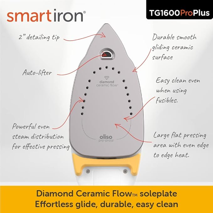 oliso TG1600 ProPlus Smart Iron with Auto-Lift – 1800 Watt Steam Iron for Clothes, Sewing, Quilting & Crafting – Diamond Ceramic-Flow Soleplate, Butterscotch