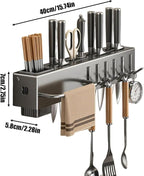 Utensil Holder – Kitchen Wall Organizer | No-Drilling Wall Mount Cutlery Storage Rack With Hooks, Towel Hanger For Spatula, Spoon, Mug & Kitchen Accessories Organization And Space Saving
